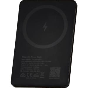 A slim black metal power bank with a magnetic feature and a lightning bolt symbol on the surface.