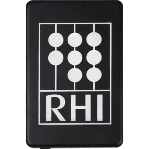 A slim black power bank with a white logo design on the front, featuring rounded shapes and the letters "RHI".