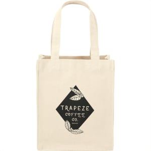 A beige cotton tote bag featuring a logo design, with two sturdy handles and a compact size.
