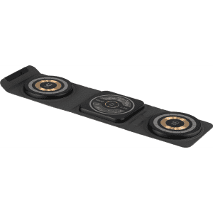 A black multi-media charger featuring three circular charging pads with metallic accents and a central control panel.