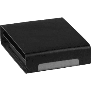 A black multi-media charger featuring a sleek design with a metallic accent and a subtle logo.