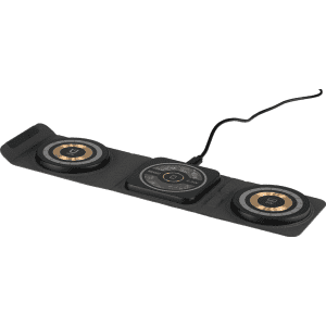 A black 3-in-1 wireless charger featuring three circular charging pads connected by a flexible base.
