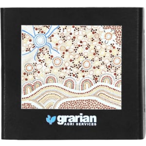 A black folder featuring an artwork design with earthy tones, surrounded by a logo for Grarian Agri Services.