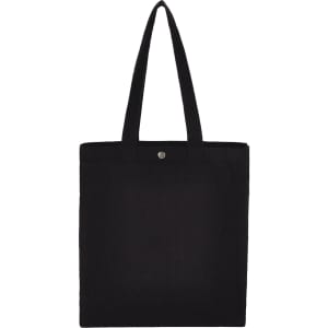 A black recycled cotton tote bag with two handles and a snap closure, featuring a logo.