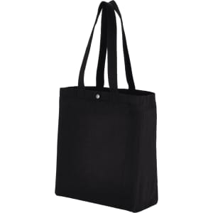 A black recycled cotton tote bag with two handles and a snap closure, featuring a brand logo.