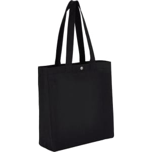 A black recycled cotton tote bag with a snap closure and two handles. It features a logo.