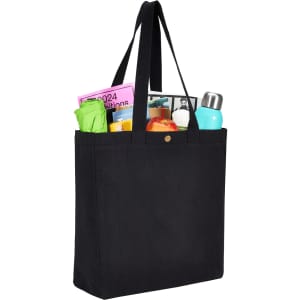 A black recycled cotton tote bag filled with various items, including bottles and papers, featuring a snap closure.