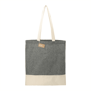 A grey and cream tote bag made from recycled cotton twill, featuring a logo and two sturdy handles.
