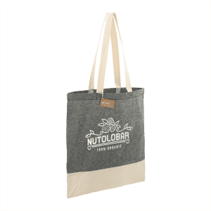 A grey and cream tote bag with long handles and a logo on the front. Made from recycled cotton twill.