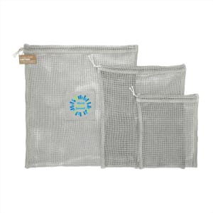 Three grey recycled cotton mesh pouches of varying sizes, one featuring a logo. Ideal for organising toiletries.