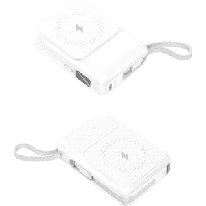 A white magnetic power bank with a keyring loop, featuring a charging port and a logo.