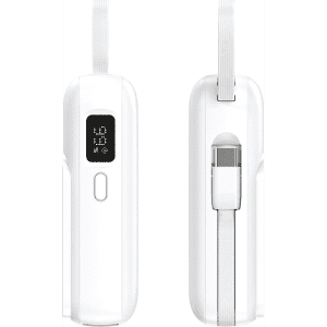 A white powerbank with a sleek design, featuring a digital display and a logo. It's compact and portable.