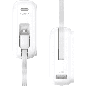 A white power bank with a retractable charging cable, featuring Type-C and USB ports, and a logo on the side.