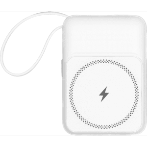 A white magnetic powerbank with a lightning symbol, featuring a sleek design and a detachable strap.
