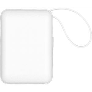A white powerbank with a smooth surface and a loop strap, designed for charging devices on the go.
