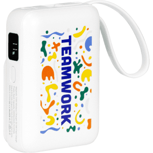 A white power bank with a colourful design featuring abstract shapes and the word "TEAMWORK."