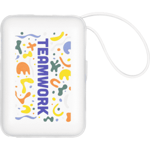 A white power bank with colourful abstract shapes and the word "TEAMWORK" displayed prominently on the front.