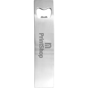 A drink bottle opener in a sleek stainless steel design, featuring a logo on the surface.