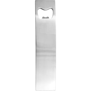 A drink bottle opener, featuring a sleek stainless steel design, with a built-in cap lifter and a logo.