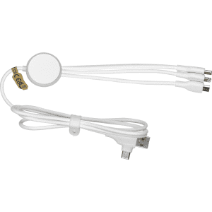 A white 120cm recycled 6-in-1 charging cable with multiple connectors and a circular hub.