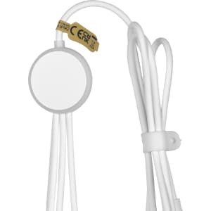 A white 120cm recycled 6-in-1 charging cable with a round connector and a branding logo.