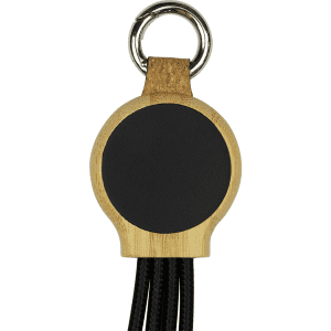 A 16.5cm recycled charging cable in black with a wooden keyring holder, featuring a circular base and multiple connectors.