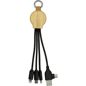 A 16.5cm recycled 6-in-1 charging cable with a wooden keychain attachment and black cords. Features various connectors.