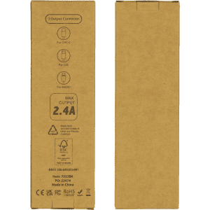 A cardboard packaging containing a 6-in-1 charging cable with multiple output connectors. The design is minimalist and eco-friendly.