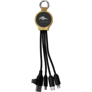 A 16.5cm recycled 6-in-1 charging cable with black connectors and a wooden keyring attachment. Features a logo.