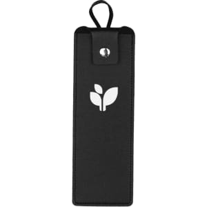 A black PU leather bag with a loop and a logo. The design is sleek and minimalistic.