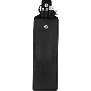 A black PU leather bag designed for cable tidying, featuring compartments for multiple charging cables and a snap closure.