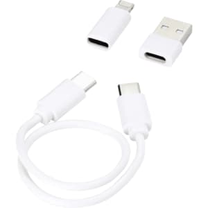 A white modular charging cable with USB and two types of connectors lying on a flat surface. It includes a branding logo.
