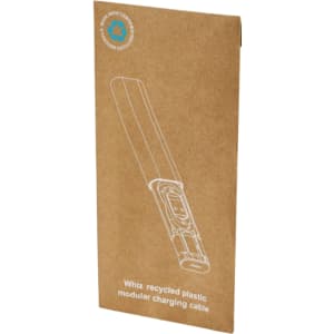 A modular charging cable packaged in eco-friendly cardboard, featuring a logo and a sleek design, predominantly in earthy tones.