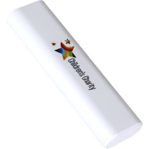 A white charging cable holder with a logo and colourful star design, featuring a "Children's Charity" label.