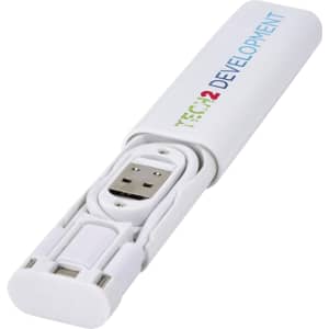 A modular charging cable in white with a logo, featuring retractable connectors for different devices.