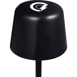A black mini rechargeable lamp with a rounded top and a logo on the front. The lamp has a slender base.