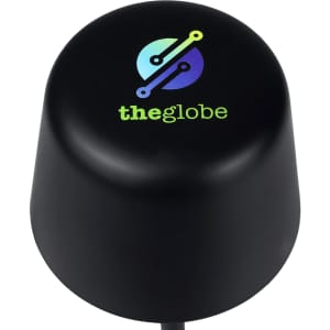 A black, rounded lamp with a logo on top, featuring blue and green colours. It is small and rechargeable.