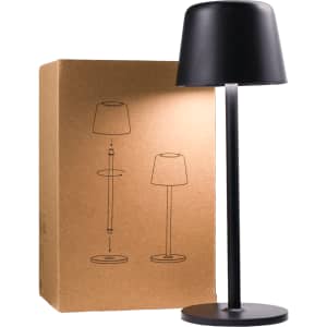 A black rechargeable lamp stands beside its box featuring simple illustrations of its design.
