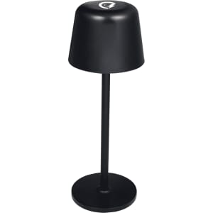A black recycled mini rechargeable lamp with a conical shade and a circular base, featuring a logo.