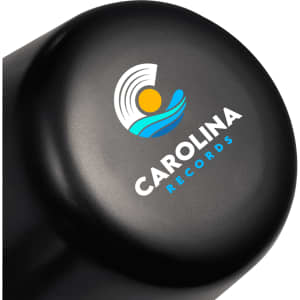 A black lamp with a rounded top featuring a logo design. The lamp is compact and rechargeable.