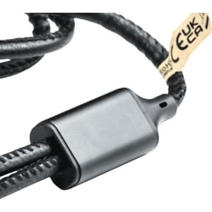 A 120cm black braided charging cable with four connectors for data transfer. The cable has a small black control box.