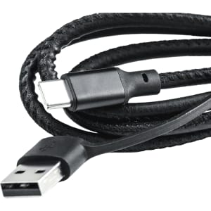 A 120cm, four-in-one fast charging data transfer cable in black, featuring USB and USB-C connectors.