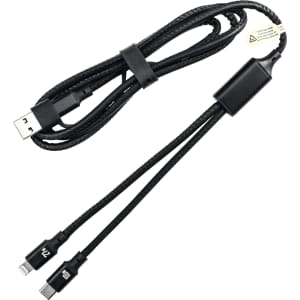 A black 120cm 4 in 1 fast charging data transfer cable with multiple connectors and a braided design.