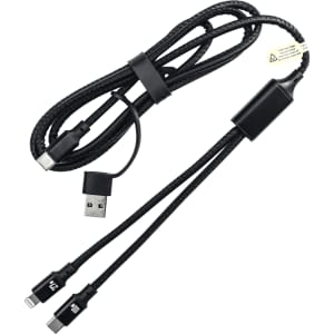 A black 120cm 4 in 1 fast charging data transfer cable with multiple connectors and a branding logo.