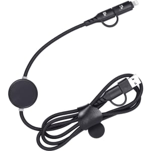 A black fast charging data cable with a round magnetic connector and a USB end, featuring a logo.