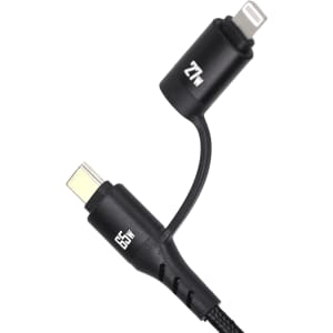 A black fast charging data cable with USB-C and Lightning connectors, featuring a braided design and power ratings on the ends.