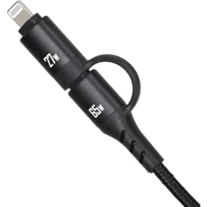 A black fast charging data cable with a braided design and two distinct connectors. It features a logo.