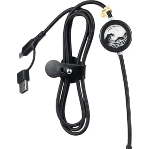 A black fast charging data cable with a wave design on the connector and a strap for organisation.