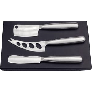 A stainless steel cheese knife set in a black box, featuring three knives of different shapes and sizes.