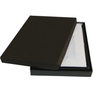 A black box partially open, revealing a silver nickel plated photo frame inside, resting on a white lining.